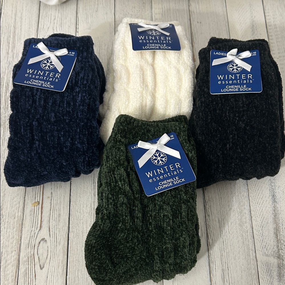Bundle of 4 Chenille Lounge Socks in Green, Navy, White, and Black